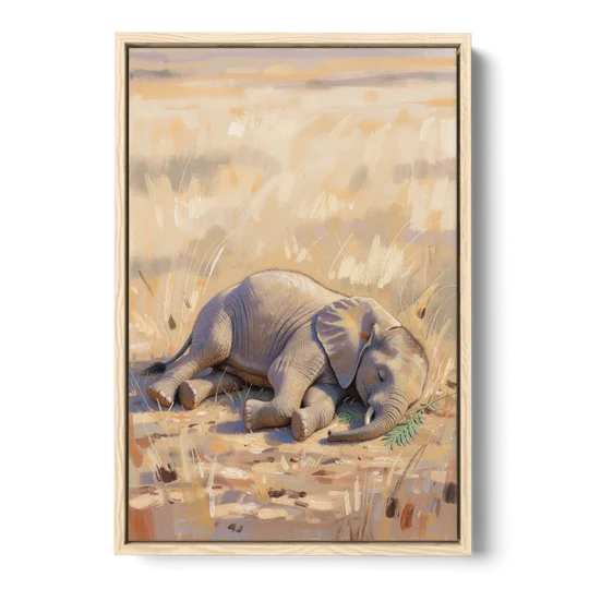 Elephant Calf Asleep on Its Side - Oak Framed Canvas Wall Art - Front
