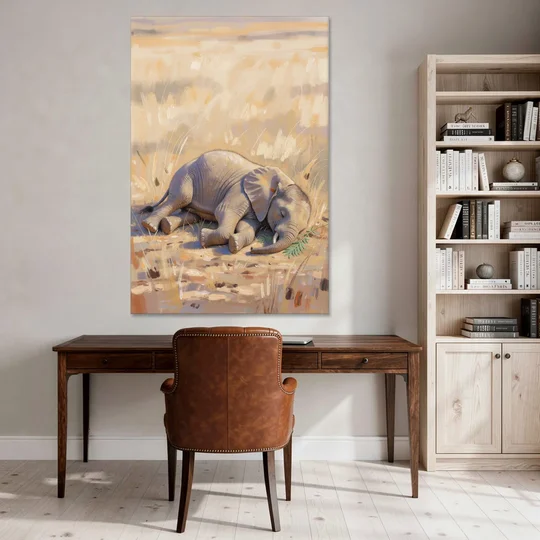 Elephant Calf Asleep on Its Side - Canvas Wall Art - Office - 40x60