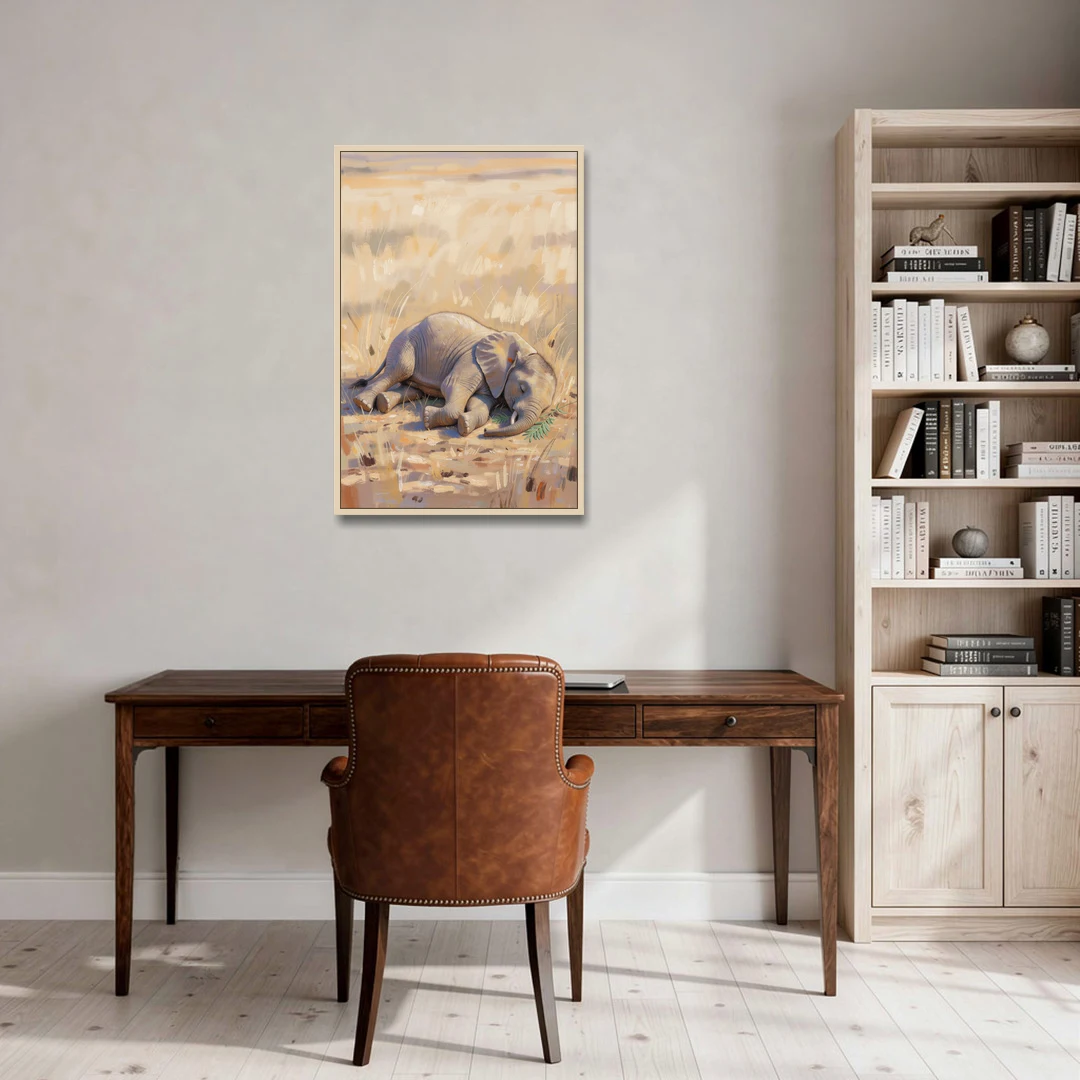 Elephant Calf Asleep on Its Side - Oak Framed Canvas Wall Art - Office - 24x36