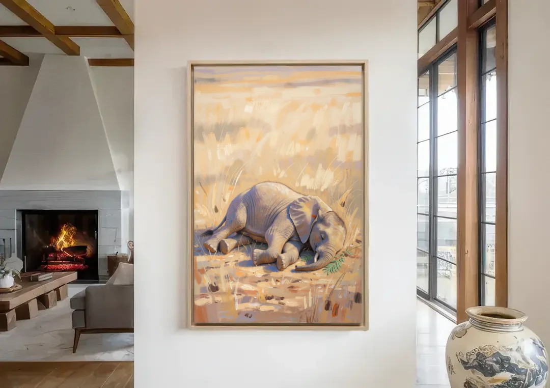 Elephant Calf Asleep on Its Side canvas wall art in a living room with a fireplace