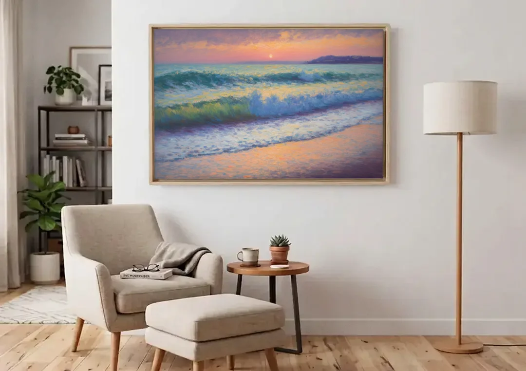 Elli Beach Sunset canvas wall art above an armchair in a bright living room