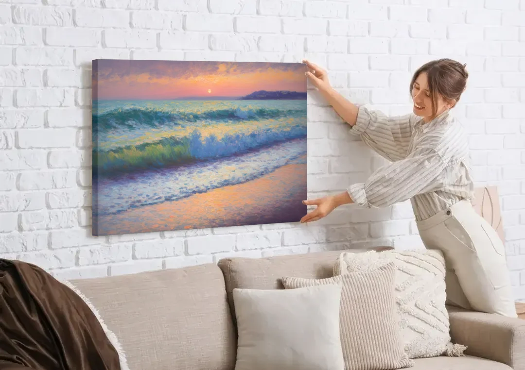 Elli Beach Sunset canvas wall art being hung on a white brick wall above a sofa