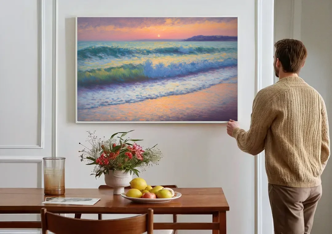 Elli Beach Sunset canvas wall art above a dining table