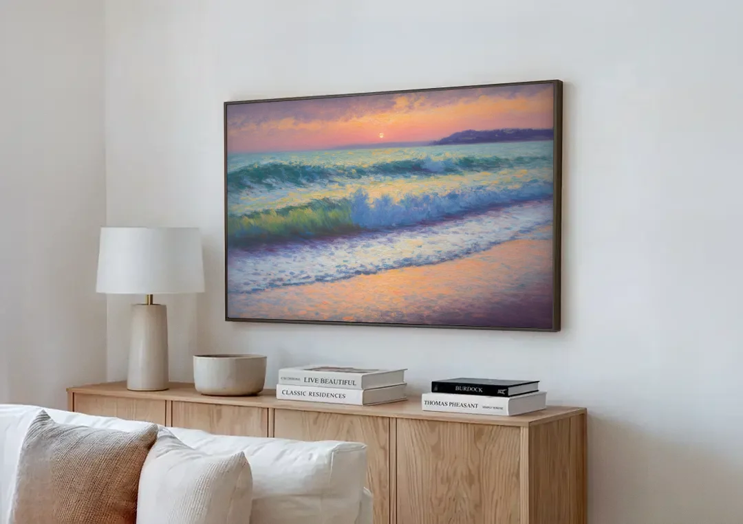 Elli Beach Sunset canvas wall art above a wooden sideboard next to a sofa