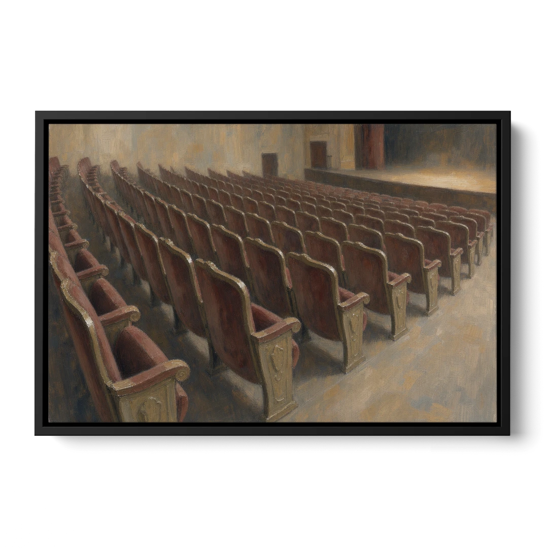 Empty Red Velvet Theater Seats in Soft Haze - Black Framed Canvas Wall Art - Front