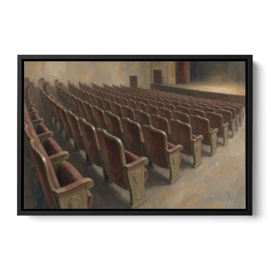 Empty Red Velvet Theater Seats in Soft Haze - Black Framed Canvas Wall Art - Front