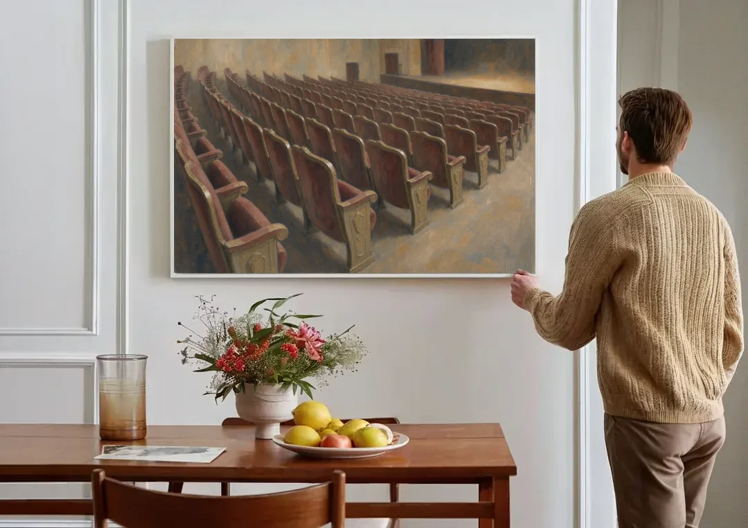Empty Red Velvet Theater Seats in Soft Haze canvas wall art above a dining table