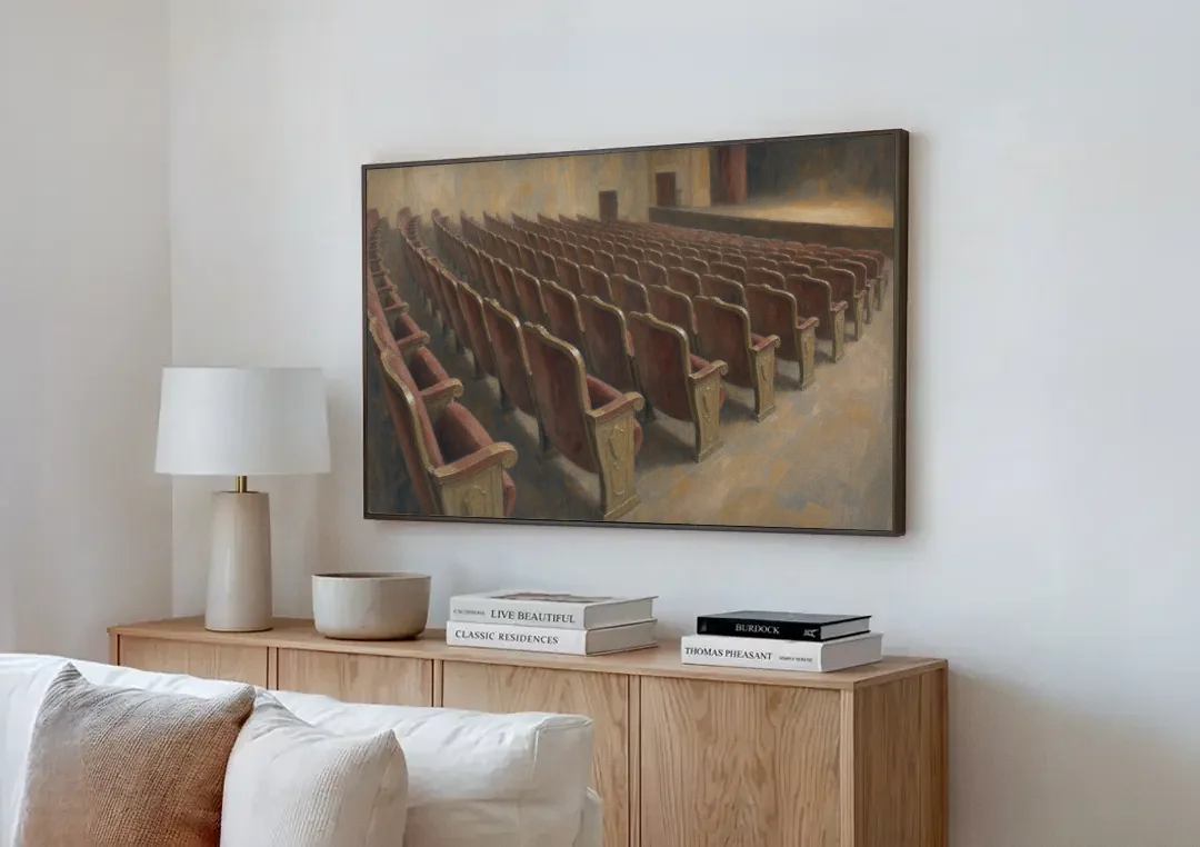 Empty Red Velvet Theater Seats in Soft Haze canvas wall art above a wooden sideboard next to a sofa
