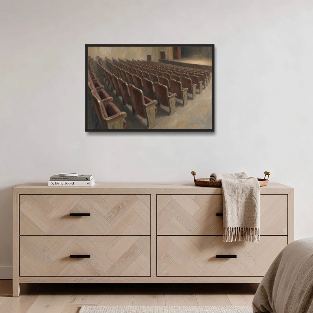 Empty Red Velvet Theater Seats in Soft Haze - Black Framed Canvas Wall Art - Coffee Table - 36x24