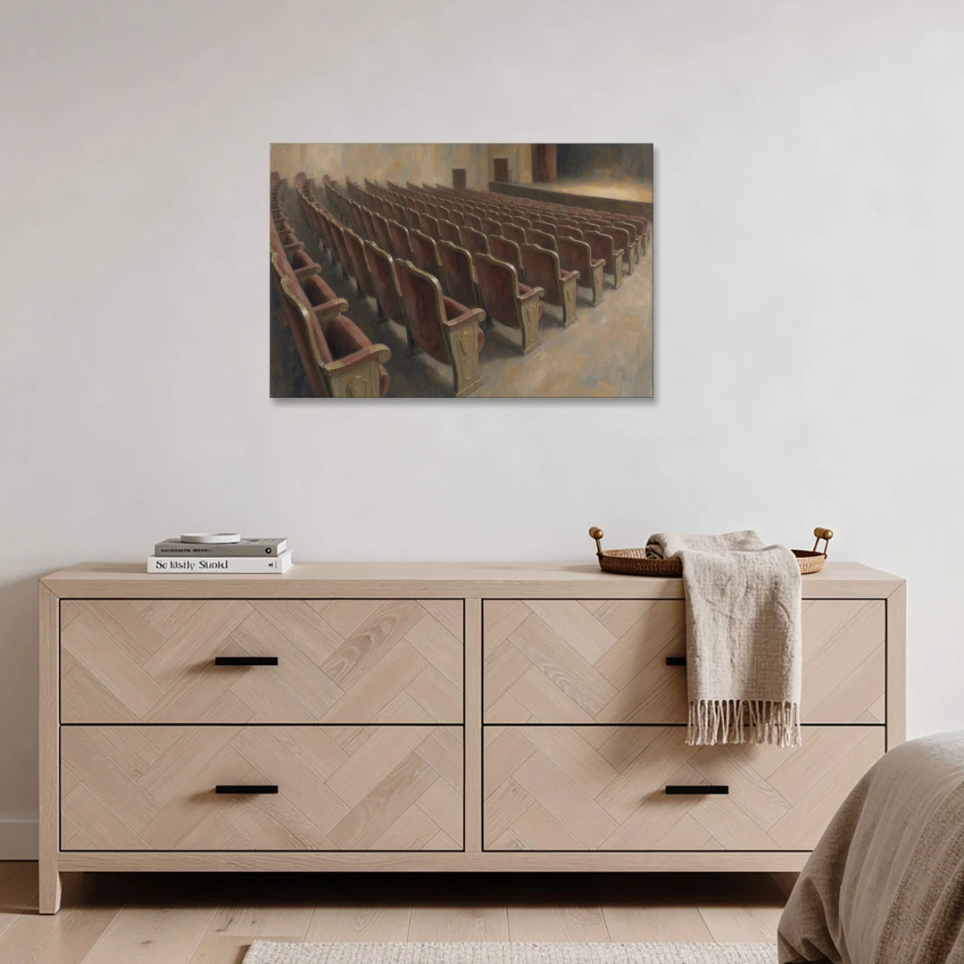 Empty Red Velvet Theater Seats in Soft Haze - Canvas Wall Art - Coffee Table - 36x24
