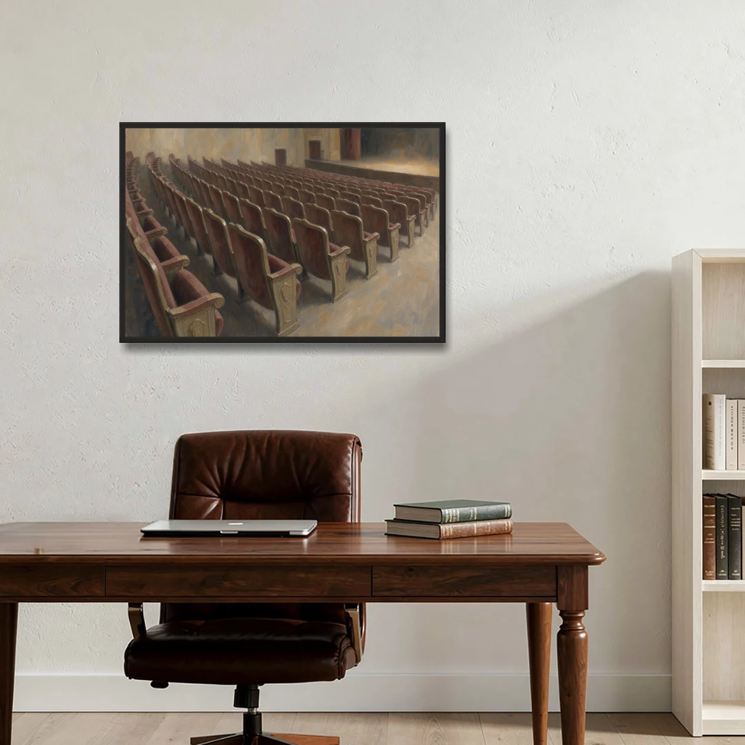 Empty Red Velvet Theater Seats in Soft Haze - Black Framed Canvas Wall Art - Office - 36x24