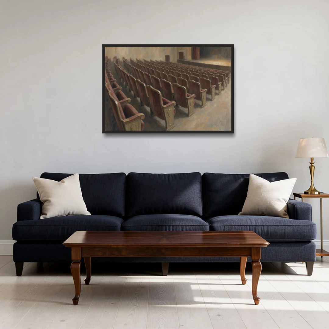 Empty Red Velvet Theater Seats in Soft Haze - Black Framed Canvas Wall Art - Sofa - 36x24