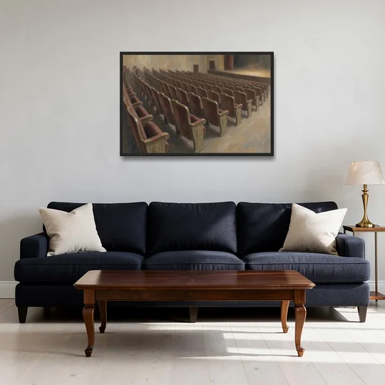 Empty Red Velvet Theater Seats in Soft Haze - Black Framed Canvas Wall Art - Sofa - 36x24