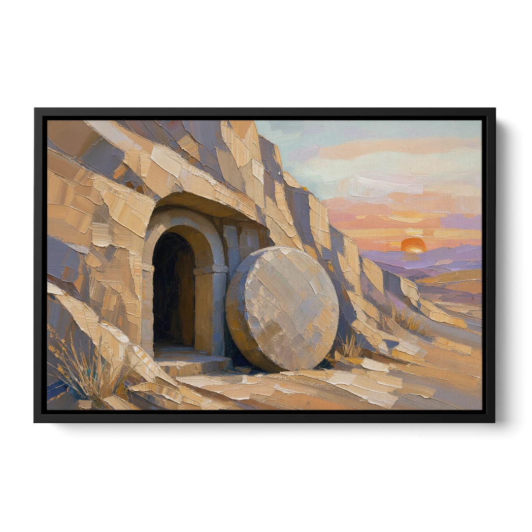 Empty Tomb Painting with Stone Rolled Away - Black Framed Canvas Wall Art - Front