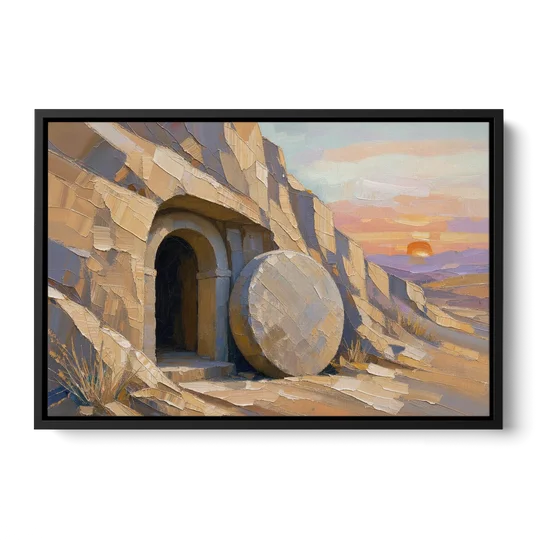 Empty Tomb Painting with Stone Rolled Away - Black Framed Canvas Wall Art - Front