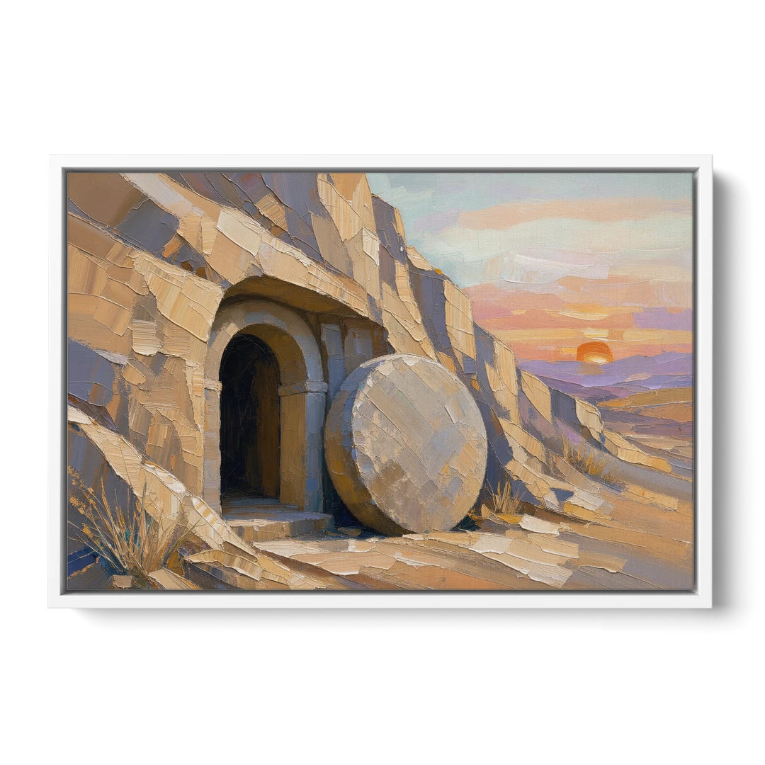 Empty Tomb Painting with Stone Rolled Away - White Framed Canvas Wall Art - Front