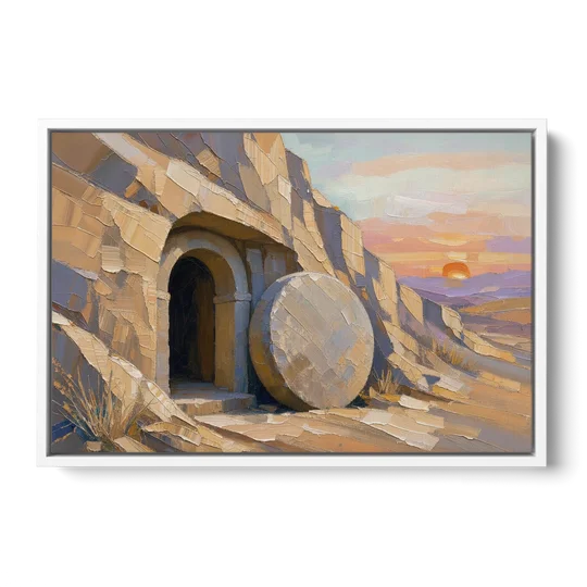 Empty Tomb Painting with Stone Rolled Away - White Framed Canvas Wall Art - Front