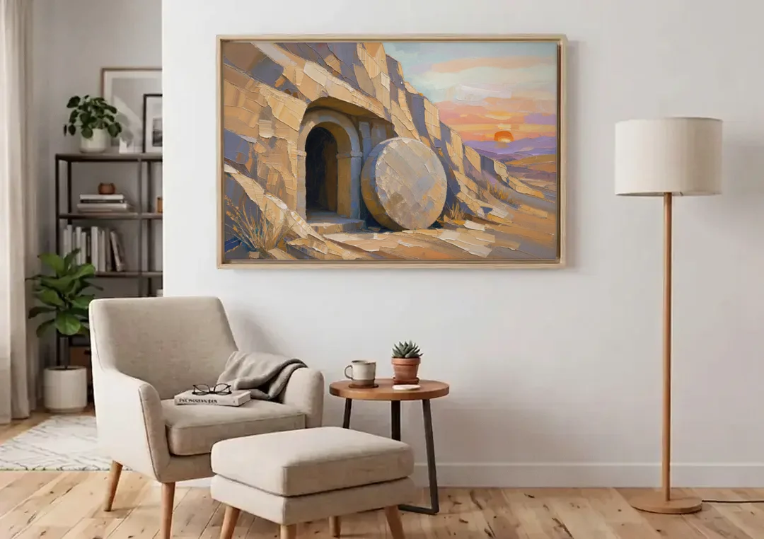 Empty Tomb Painting with Stone Rolled Away canvas wall art above an armchair in a bright living room