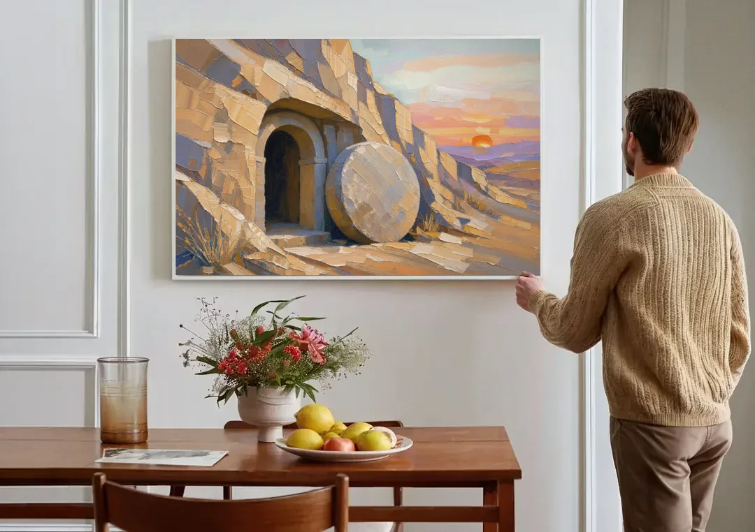 Empty Tomb Painting with Stone Rolled Away canvas wall art above a dining table