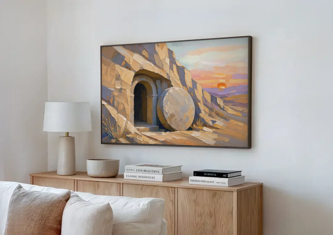 Empty Tomb Painting with Stone Rolled Away canvas wall art above a wooden sideboard next to a sofa
