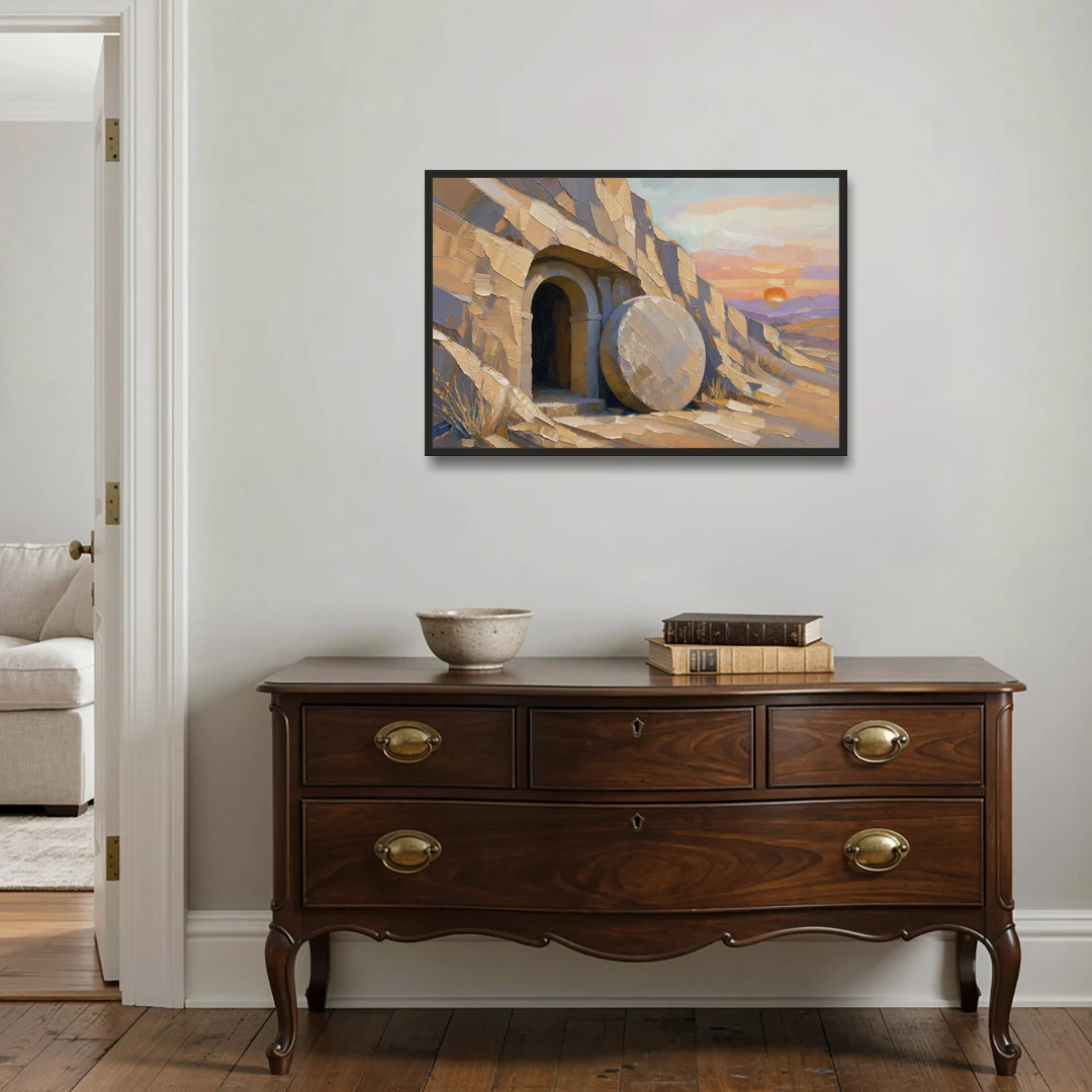 Empty Tomb Painting with Stone Rolled Away - Black Framed Canvas Wall Art - Coffee Table - 36x24