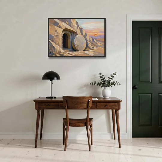 Empty Tomb Painting with Stone Rolled Away - Black Framed Canvas Wall Art - Office - 36x24
