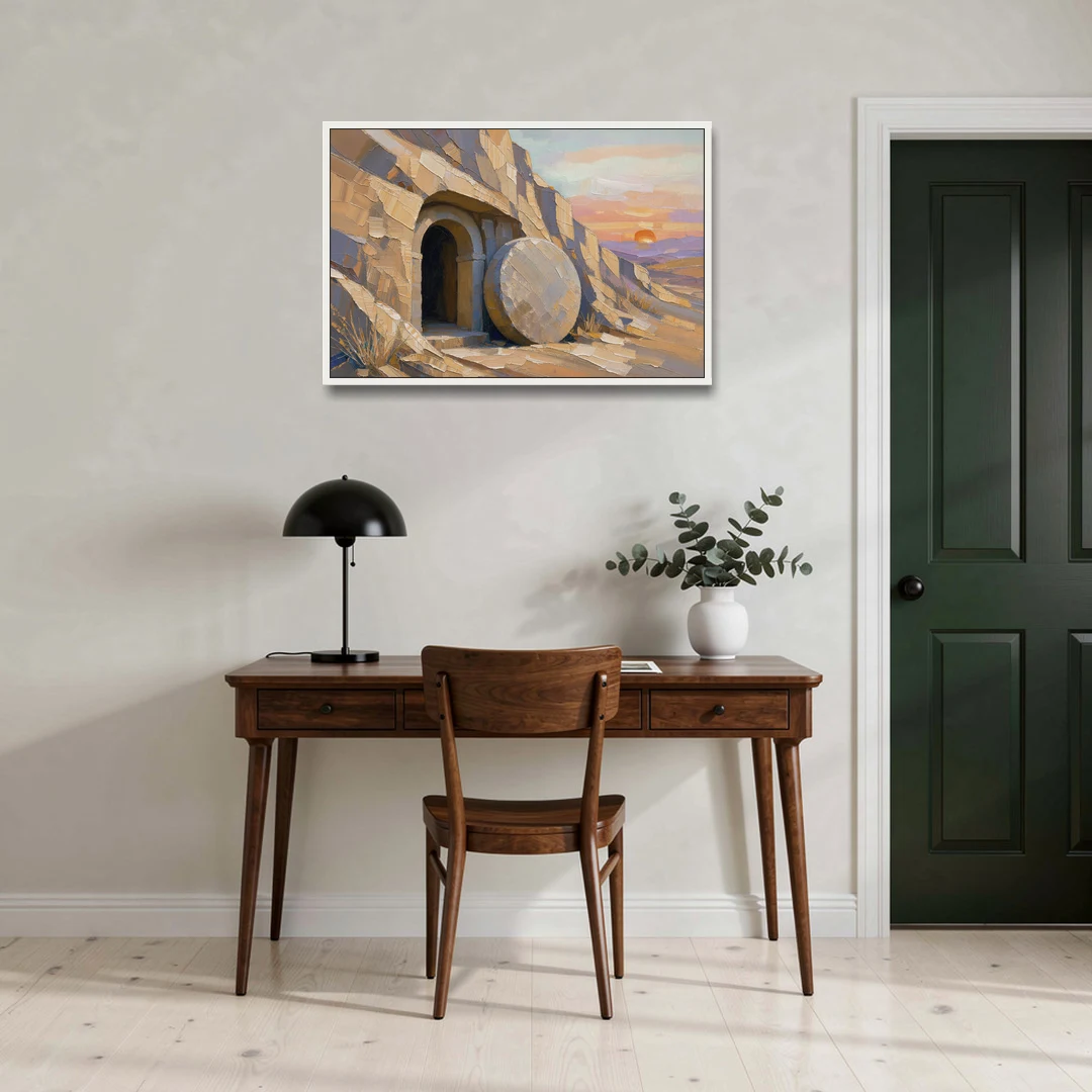 Empty Tomb Painting with Stone Rolled Away - White Framed Canvas Wall Art - Office - 36x24