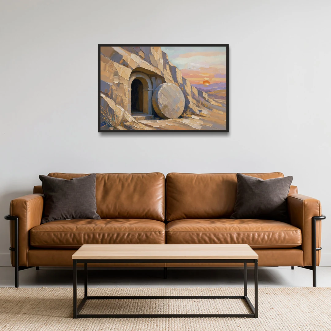 Empty Tomb Painting with Stone Rolled Away - Black Framed Canvas Wall Art - Sofa - 36x24