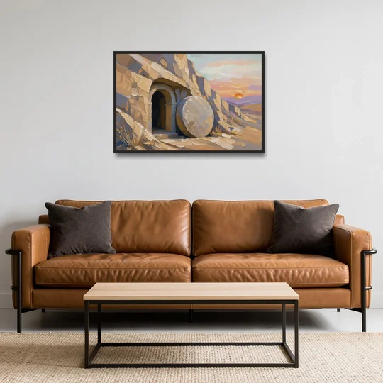 Empty Tomb Painting with Stone Rolled Away - Black Framed Canvas Wall Art - Sofa - 36x24