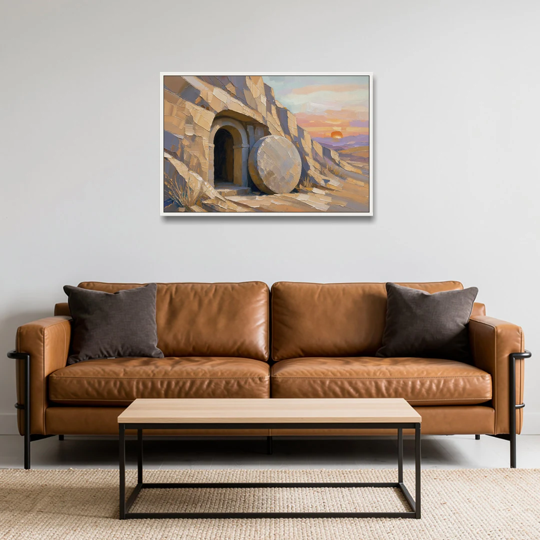 Empty Tomb Painting with Stone Rolled Away - White Framed Canvas Wall Art - Sofa - 36x24