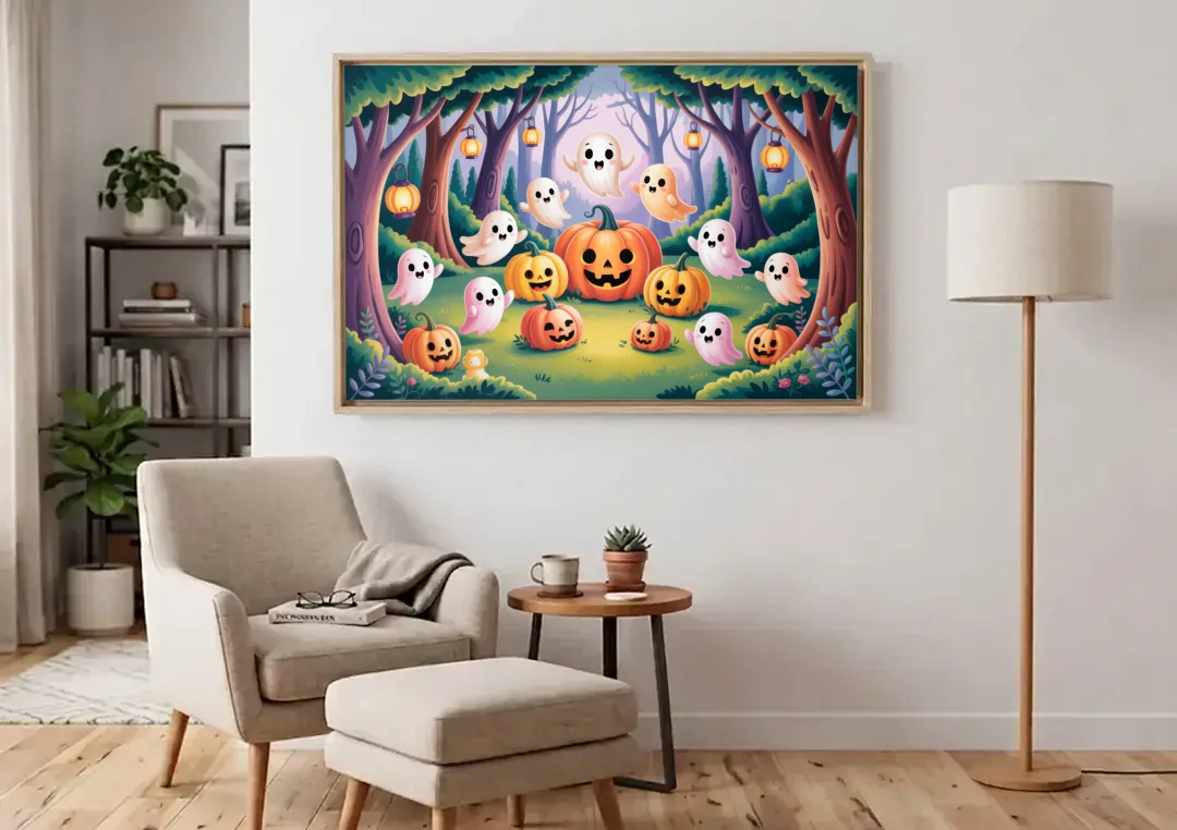 Enchanted Forest Cute Halloween canvas wall art above an armchair in a bright living room