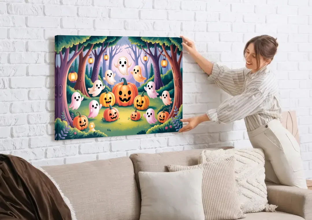 Enchanted Forest Cute Halloween canvas wall art being hung on a white brick wall above a sofa