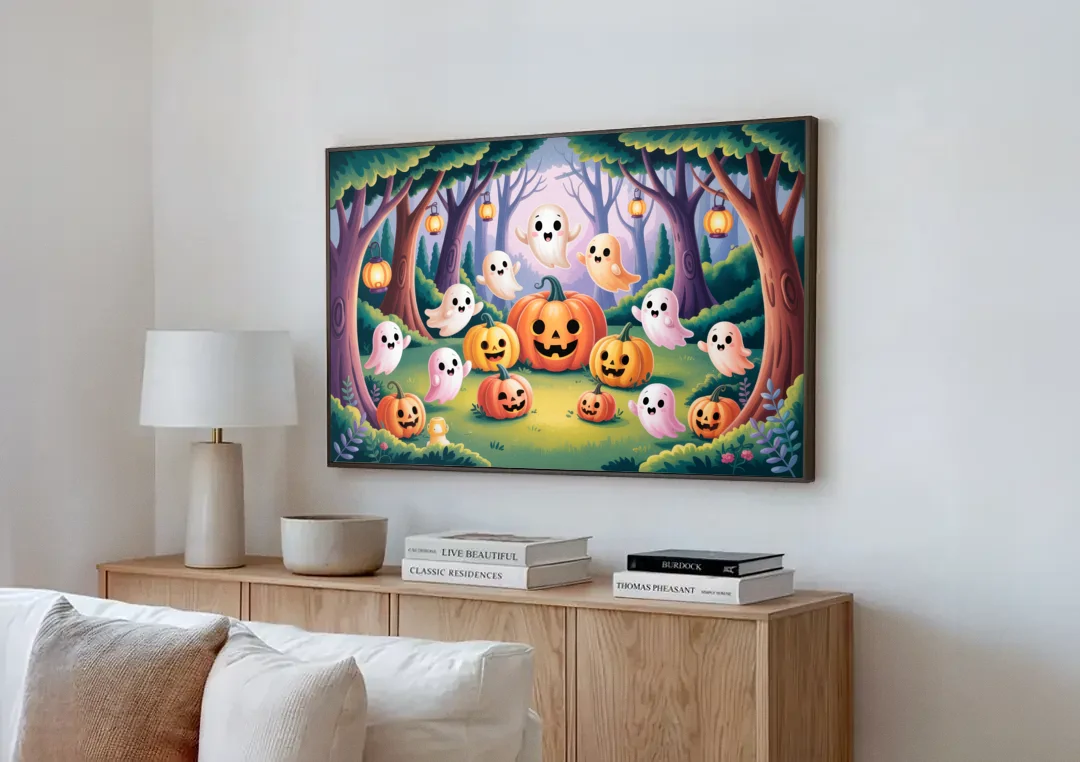 Enchanted Forest Cute Halloween canvas wall art above a wooden sideboard next to a sofa
