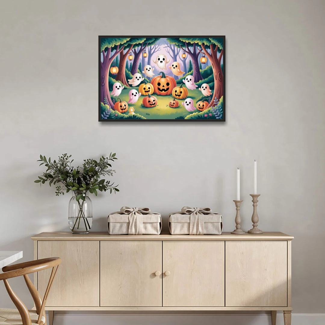 Enchanted Forest Cute Halloween - Black Framed Canvas Wall Art - Coffee Table - 36x24