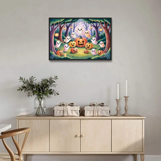 Enchanted Forest Cute Halloween - Black Framed Canvas Wall Art - Coffee Table - 36x24