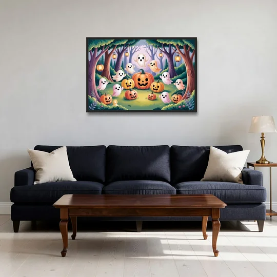 Enchanted Forest Cute Halloween - Black Framed Canvas Wall Art - Sofa - 36x24