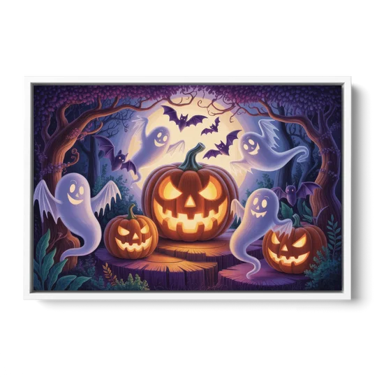Enchanted Forest Halloween Scene - White Framed Canvas Wall Art - Front