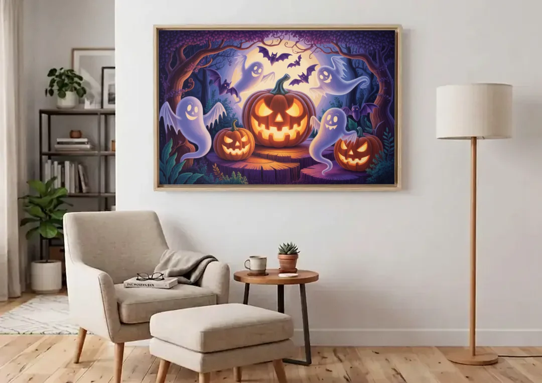 Enchanted Forest Halloween Scene canvas wall art above an armchair in a bright living room