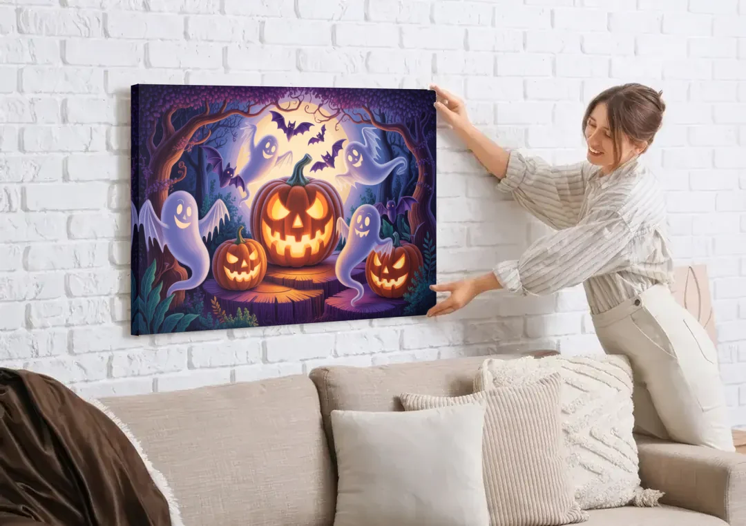 Enchanted Forest Halloween Scene canvas wall art being hung on a white brick wall above a sofa