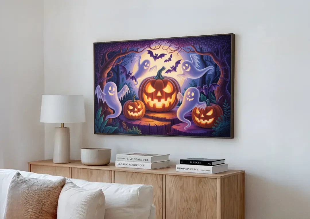 Enchanted Forest Halloween Scene canvas wall art above a wooden sideboard next to a sofa