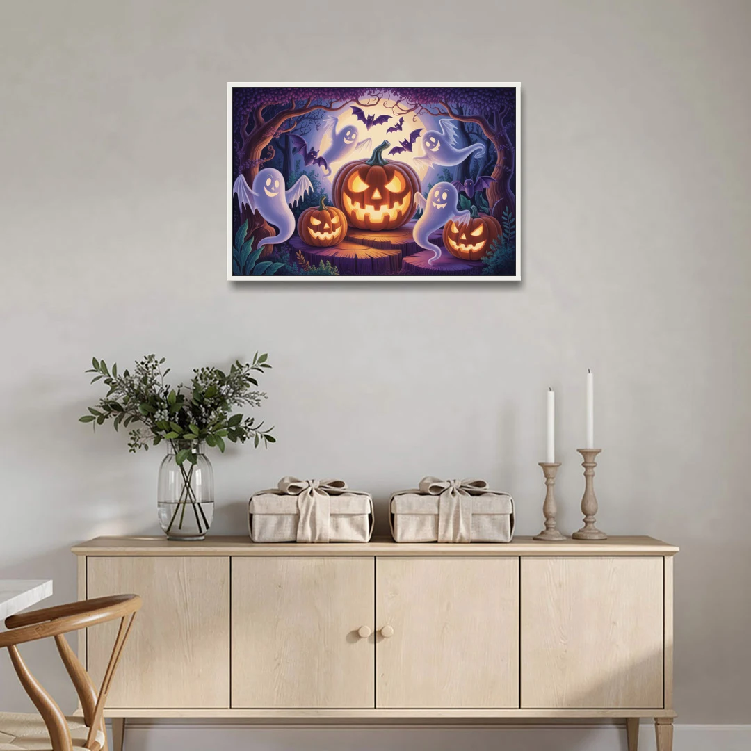 Enchanted Forest Halloween Scene - White Framed Canvas Wall Art - Coffee Table - 36x24