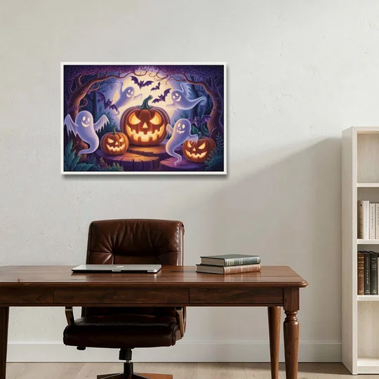 Enchanted Forest Halloween Scene - White Framed Canvas Wall Art - Office - 36x24