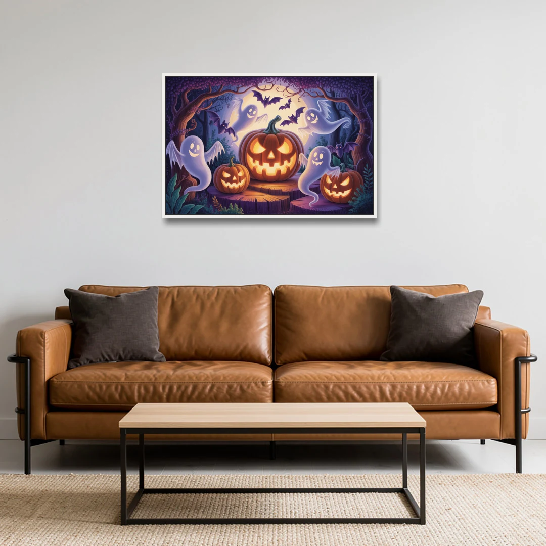 Enchanted Forest Halloween Scene - White Framed Canvas Wall Art - Sofa - 36x24