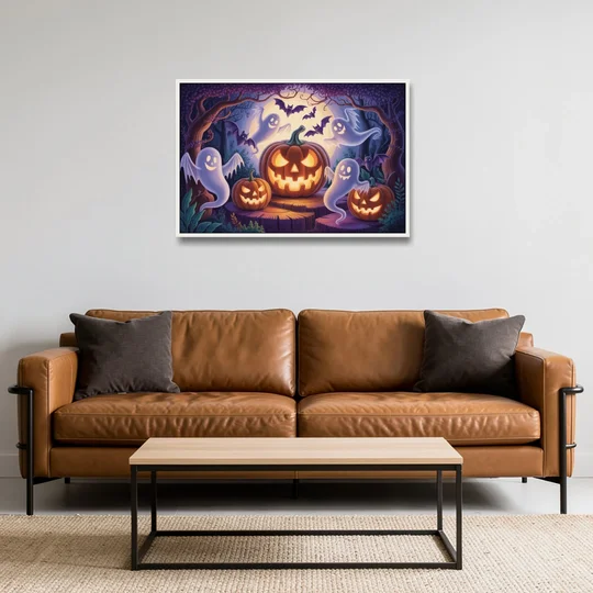 Enchanted Forest Halloween Scene - White Framed Canvas Wall Art - Sofa - 36x24
