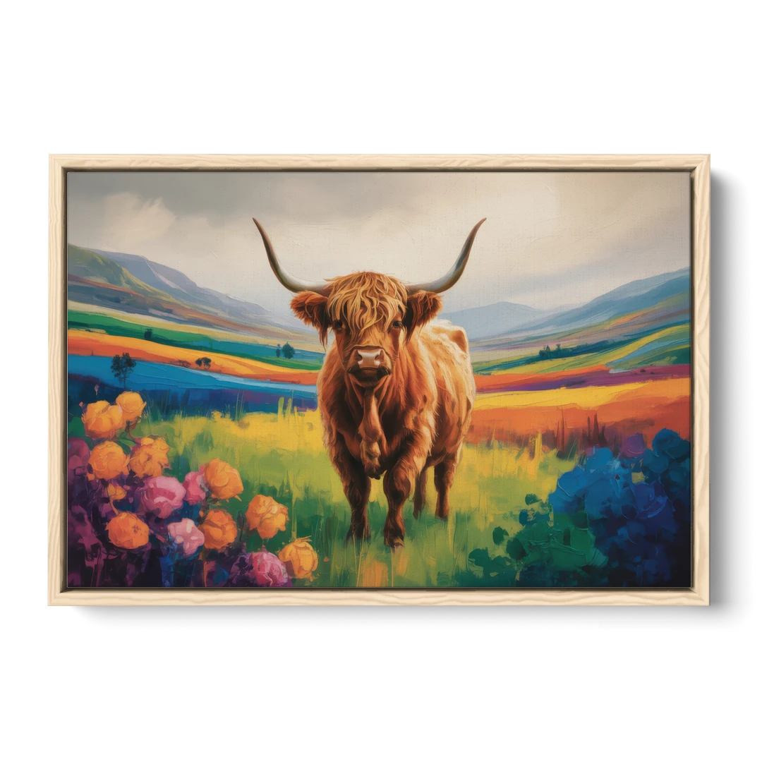 Enchanted Highland Cow Glass Look - Oak Framed Canvas Wall Art - Front