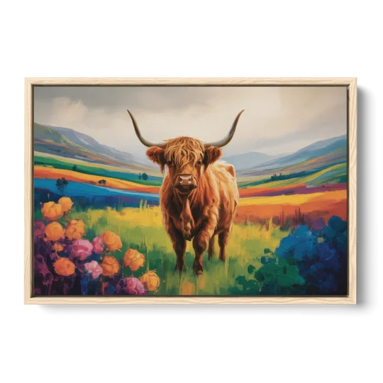 Enchanted Highland Cow Glass Look - Oak Framed Canvas Wall Art - Front