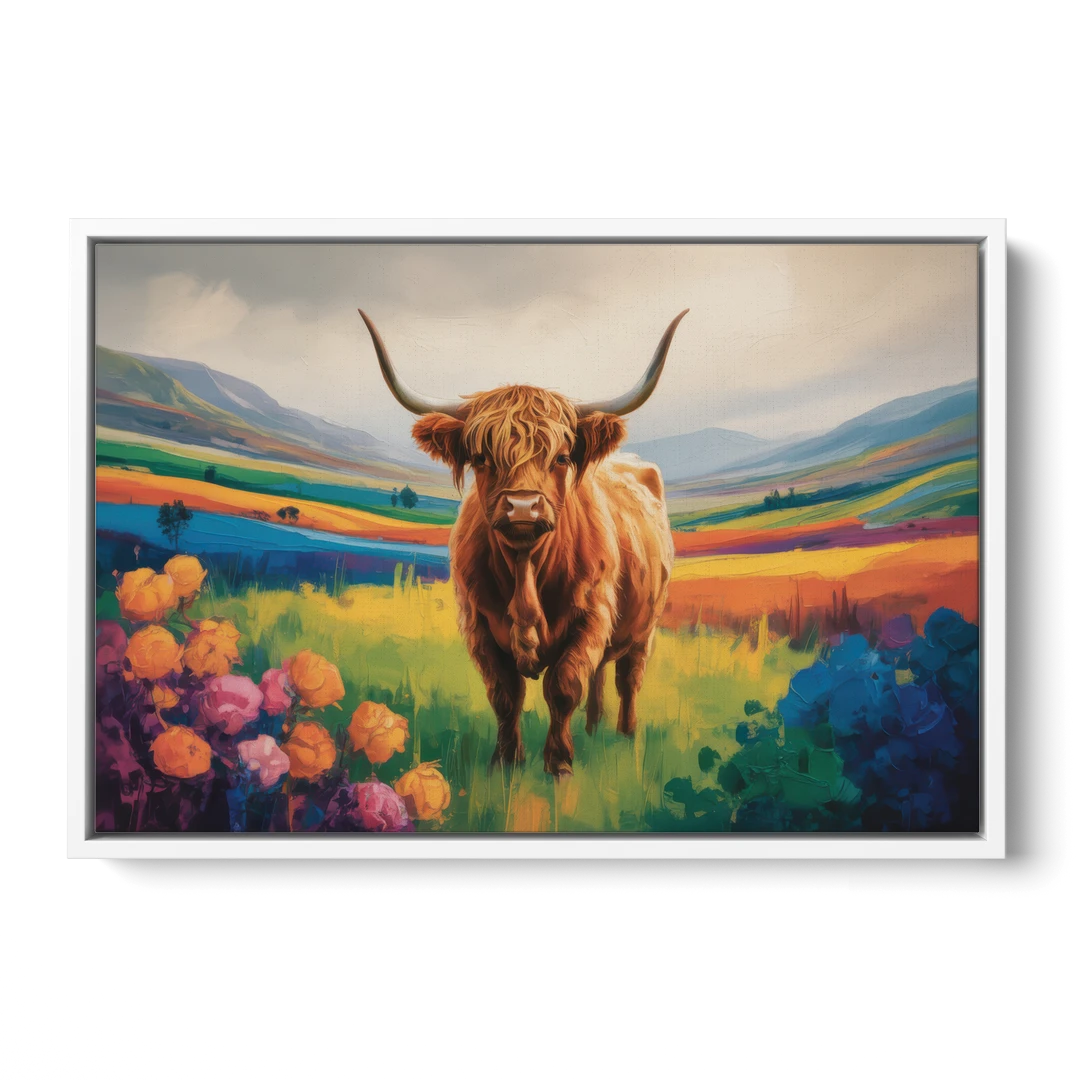 Enchanted Highland Cow Glass Look - White Framed Canvas Wall Art - Front