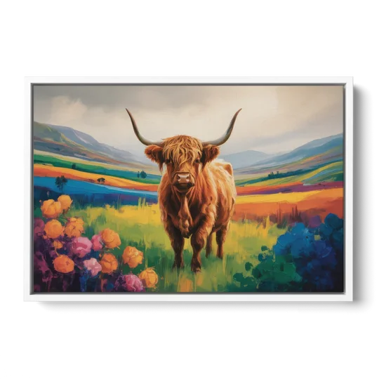 Enchanted Highland Cow Glass Look - White Framed Canvas Wall Art - Front
