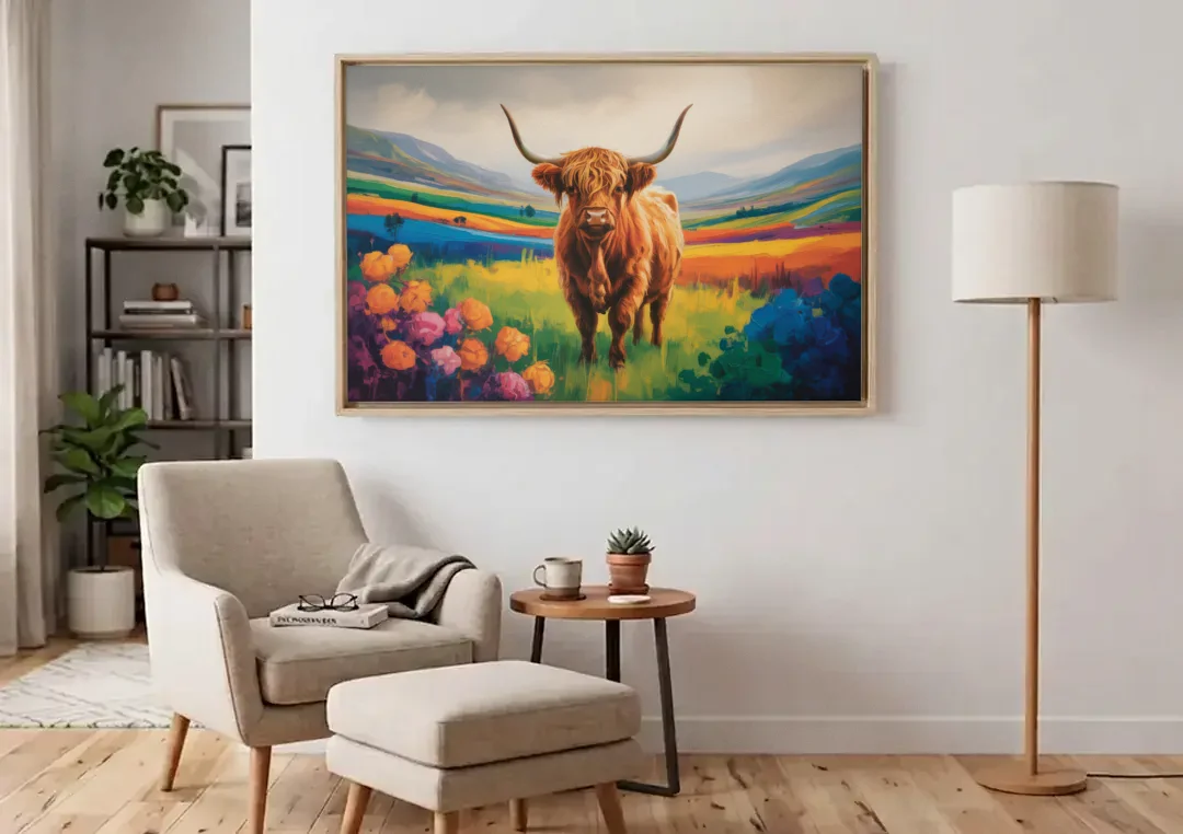 Enchanted Highland Cow Glass Look canvas wall art above an armchair in a bright living room