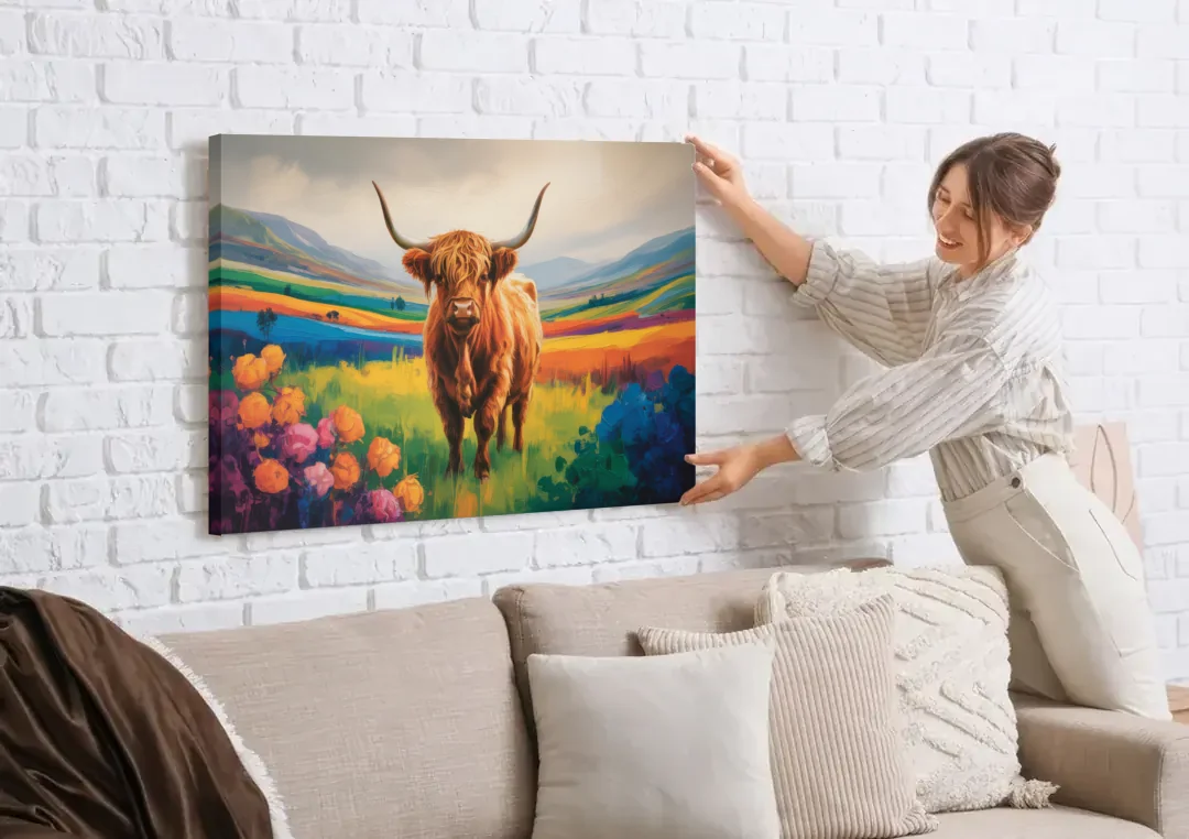 Enchanted Highland Cow Glass Look canvas wall art being hung on a white brick wall above a sofa